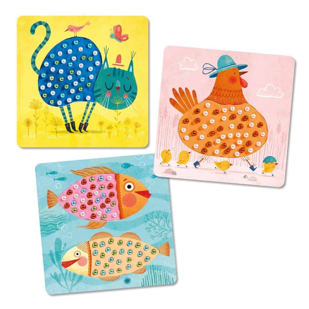 3 Cartões com animais decorados com plasticina e pérolas. Jogo de Plasticina - Mosaico de Pérolas