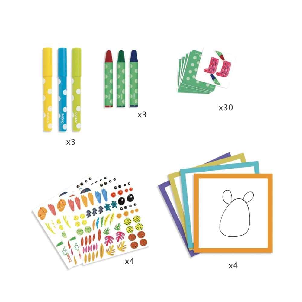 Marcadores, Lápis e autocolantes decorativos estão incluídos no Jogo Aprender a desenhar - Animais Divertidos da Djeco