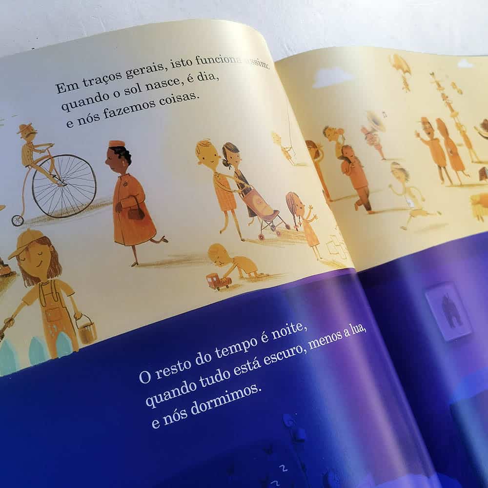 Vamos aprender conceitos como o dia e noite no livro infantil "Aqui Estamos Nós" de Oliver Jeffers