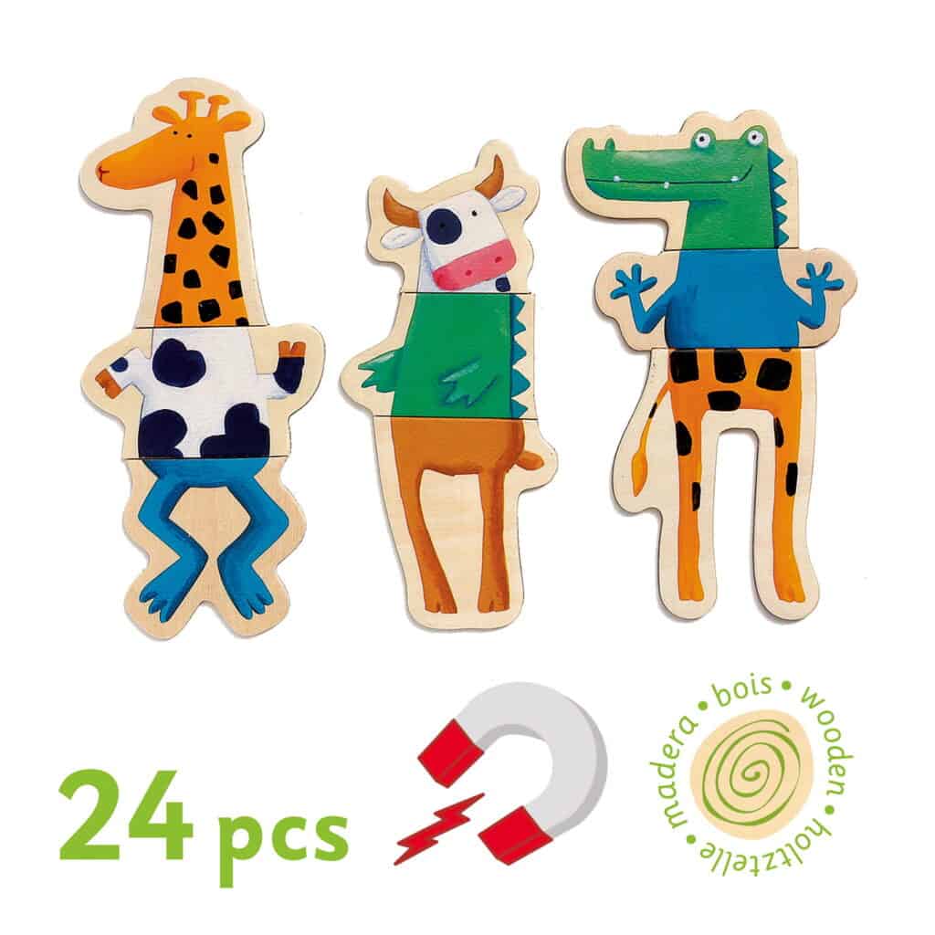 No Jogo Magnético Crazy Animals, cada corpo do animal é dividido em três partes e as peças podem ser combinadas ou misturadas