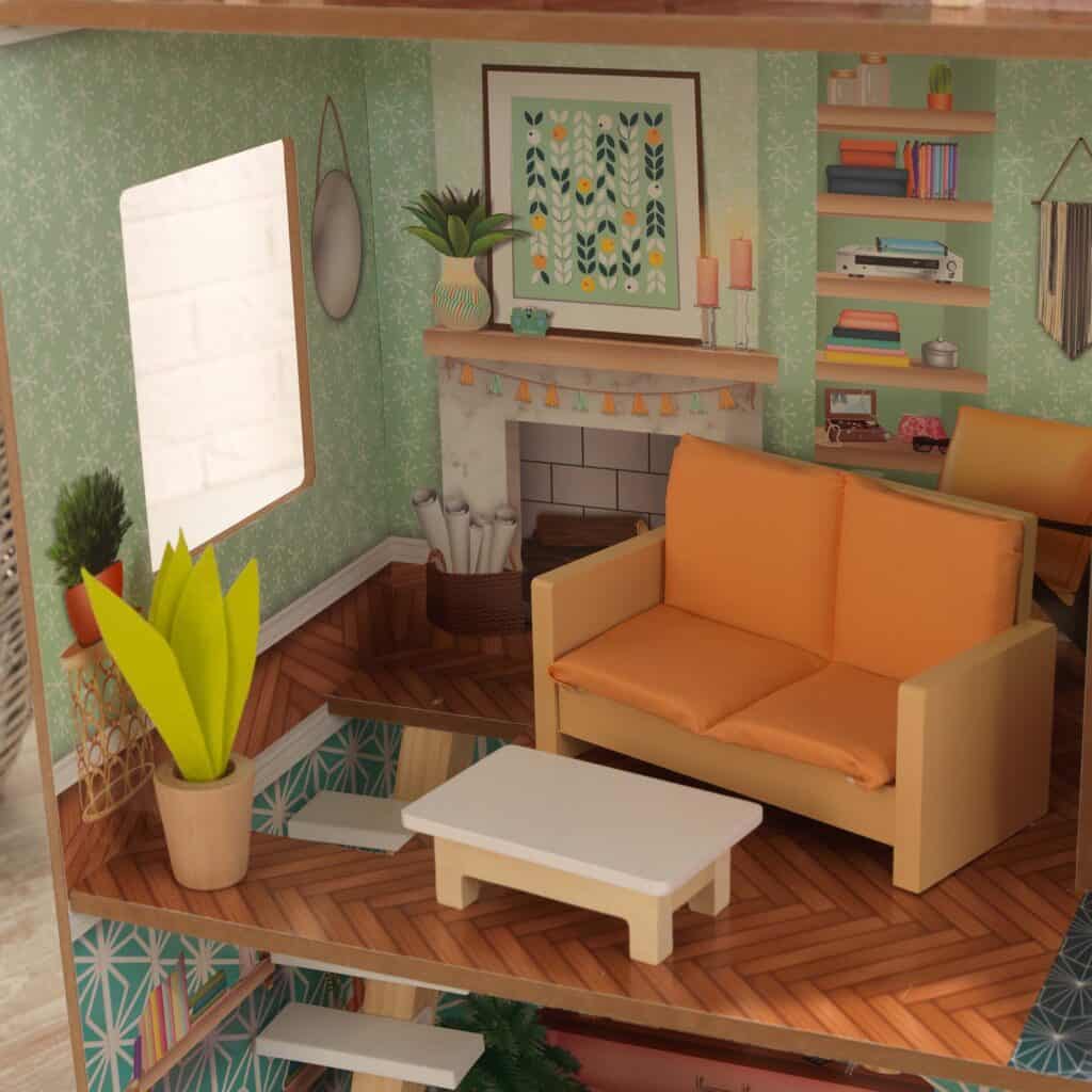 Uma casa de brincar com cores pastel e detalhes decorativos retro, incluindo papel de parede com padrões geométricos