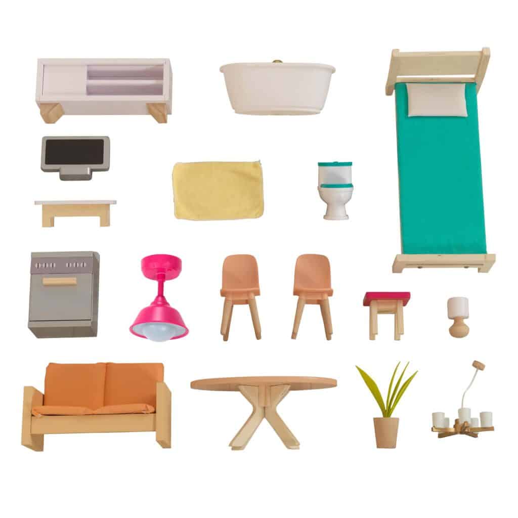 Conjunto de acessórios e móveis incluídos na casa de bonecas Dottie, num total de 17 peças