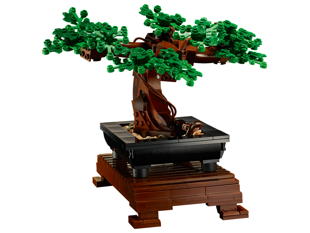 LEGO Botanical Collection 10281 Árvore Bonsai - Caixa e modelo montado com folhas verdes