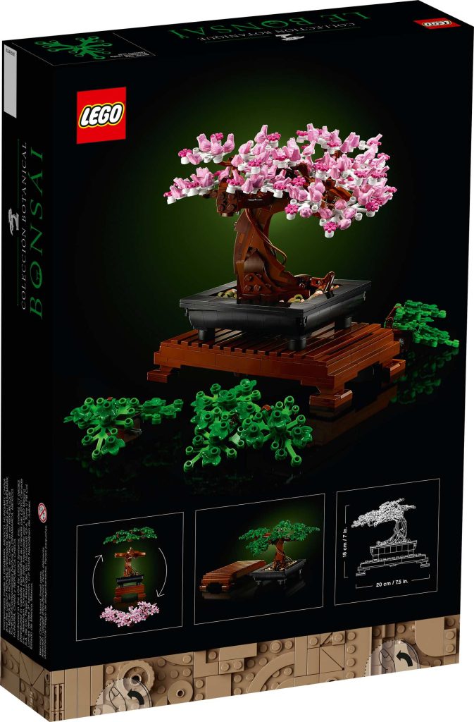 LEGO 10281 Árvore Bonsai - Verso da caixa com dimensões e opção de flor de cerejeira