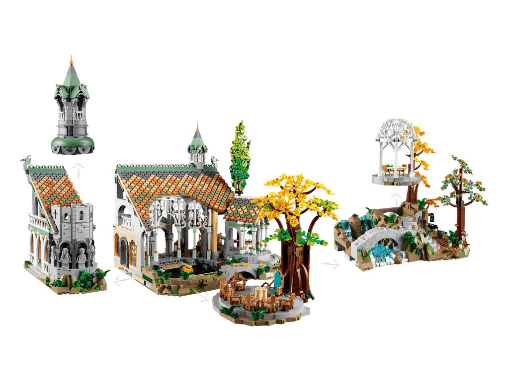 LEGO 10316 Rivendell - As três secções modulares do conjunto separadas para mostrar o interior detalhado e a facilidade de acesso