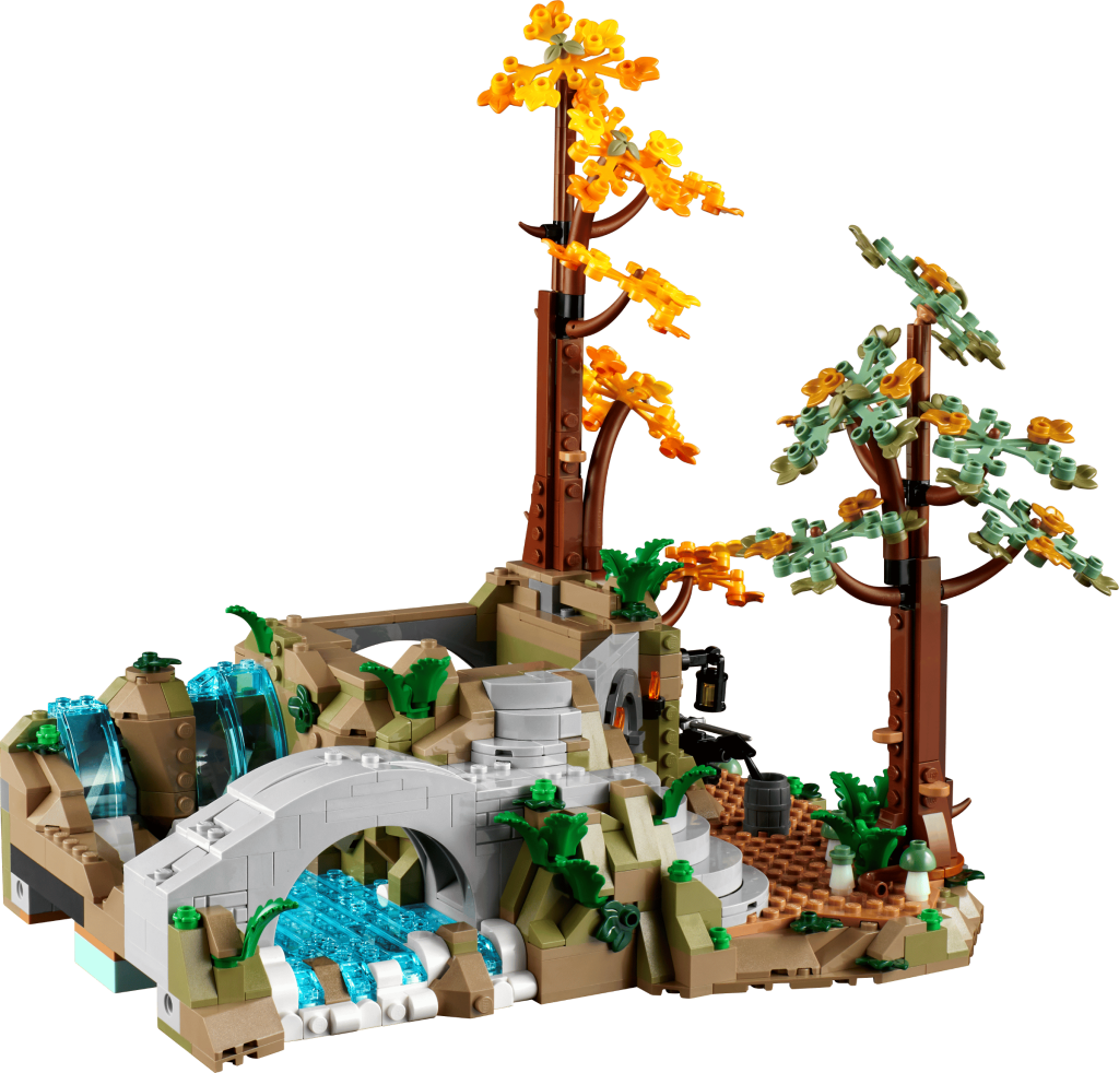 LEGO 10316 Rivendell - Pormenor em detalhe do topo das árvores com folhagem outonal e as formações rochosas do vale