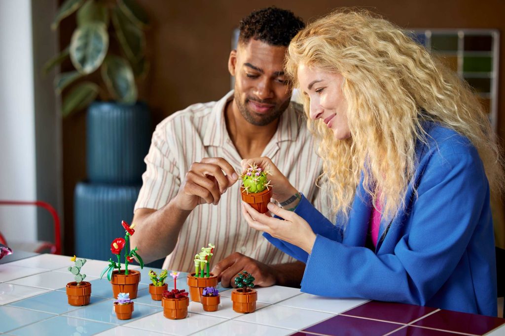 Pessoas a construir em conjunto os vasos do set LEGO 10329 Plantas em Miniatura