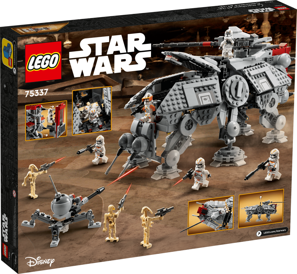 LEGO 75337 Walker AT-TE - Verso da caixa com detalhes do interior e funcionalidades